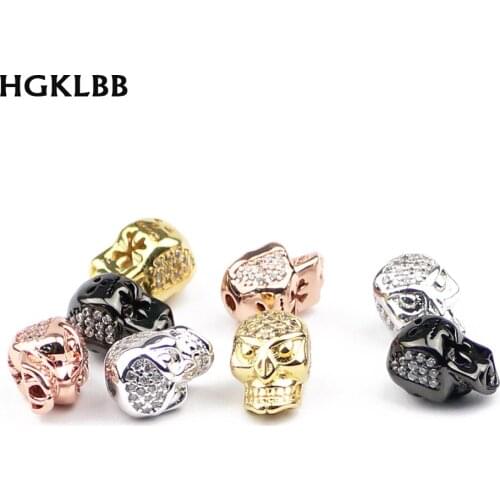 HGKLBB 2pcs White Zirconl Fury Skull Pendant Copper Spacer Charms Loose beads for Jewelry making bracelet Necklace DIY Findings