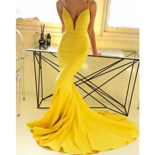2020 Ready Ship Plunge Mermaid Evening Dresses Long Spaghetti Straps V-Neck Elastic Satin Vestido Longo Evening Party Dress