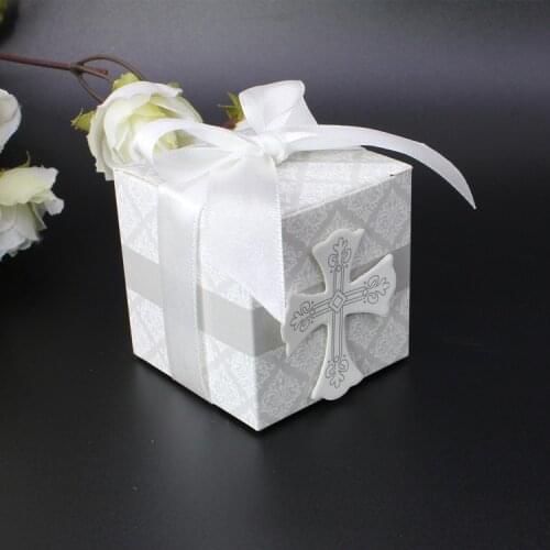 50pcs Cross candy box Bomboniere Wrap Holders with Ribbons For Baby Shower Baptism Birthday Wedding First Communion Christening