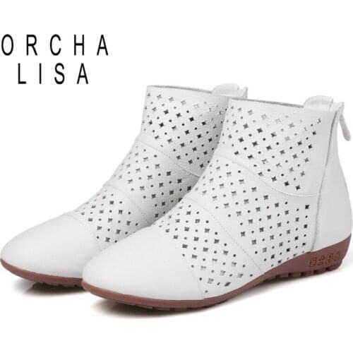 ORCHALISA Women Genuine Leather Shoes Ankle boots High Quality Hollow Zipper Solid Spring Summer Boots Female Women Shoes S2391