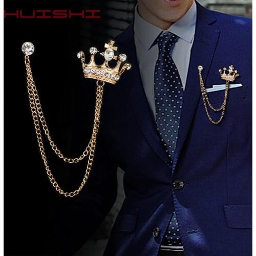HUISHI Brooch Korean British Style Chain Crown Brooch Suit Tassel Chain Lapel Pin Badge Retro Men Accessories Wedding Banquet