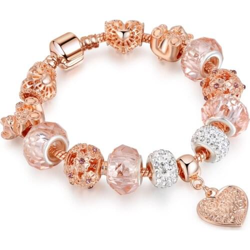 DIY Alloy Large Hole Beaded Bracelet, Handmade Diamond-studded Tibetan Silver Bracelet Crystal Beaded Rose Gold Bracelet
