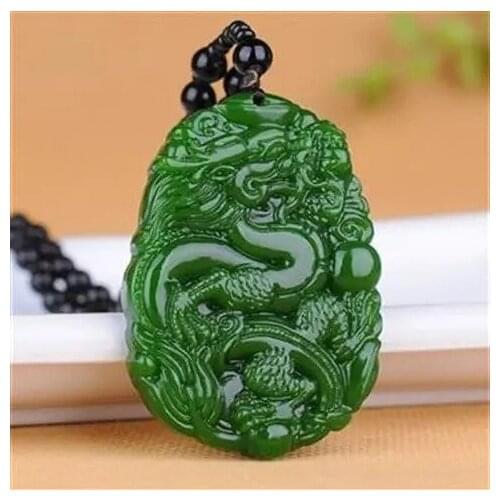 Chinese Green Jade Dragon Pendant Necklace Charm Jewellery Fashion Accessories Hand-Carved Woman Amulet Sweater Chain