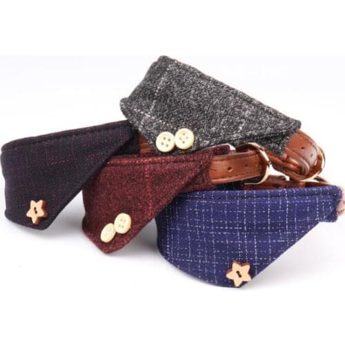 Plaid Triangle Puppy Collars for Small Dogs Adjustable Puppy Leather Collar Cute Plaid Bandana with Button Decor Dog Collar Gift