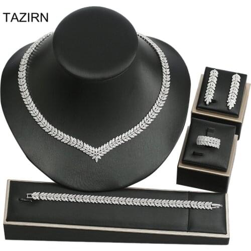 Classic Crystal Bridal Jewelry Sets Cubic Zirconia Necklace Bracelet Earrings and Rings 4 Pcs Dubai Wedding Full Jewelry Sets