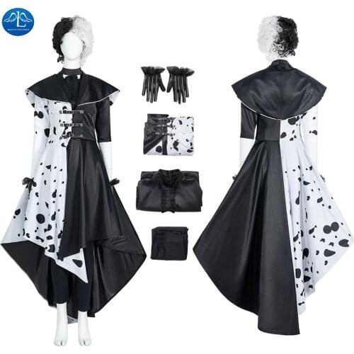 Cruella De Vil Halloween Costume Witch Handamde Cruella 2021 Coat Cosplay Costume Dress Movie Black White Dress Sets 2021