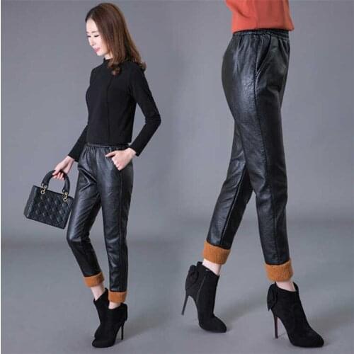 Leather pants womens autumn and winter 2019 new high waist suede Harun pants loose lambs wool Capris womens casual pants