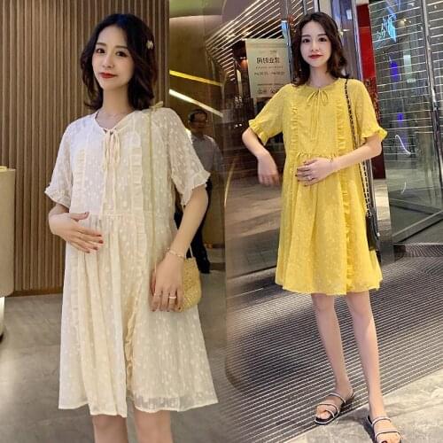 8771# Maternity Dress Summer Chiffon O Neck fairy Short Sleeve Loose Stylish Dress for Pregnant Women Mom Dress