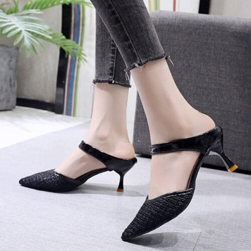 2020 Summer Shoes Women Slippers High Heels Wedding Shoes Bridal White Out-outs Slipper Pointed Toe Slides Dress Shoes 8185G