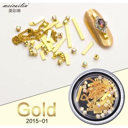 Meicailin Mix Nail Art Decorations Metal strips Water Drop Crystal Diamonds Golden Frames Beads Chains New Manicure Accessories