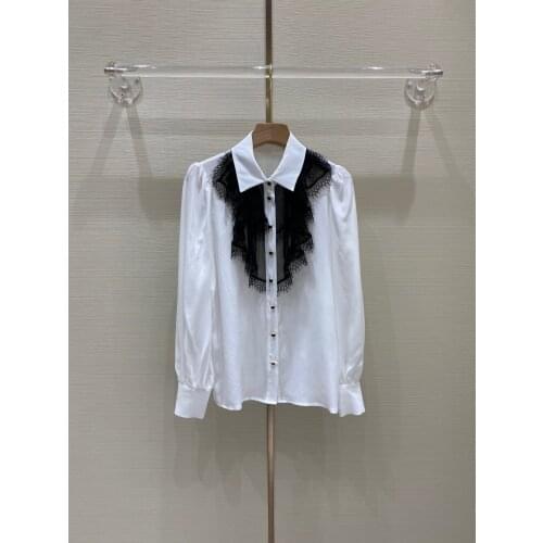 Fashion 2021 new ladies long sleeve sexy casual silk stitching lace trim small lapel shirt 1226