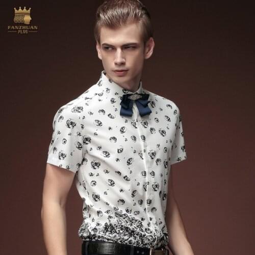 Free shipping new fashion casual mens male summer short sleeved 2015 white collar Square business flower shirt 15353 on sale