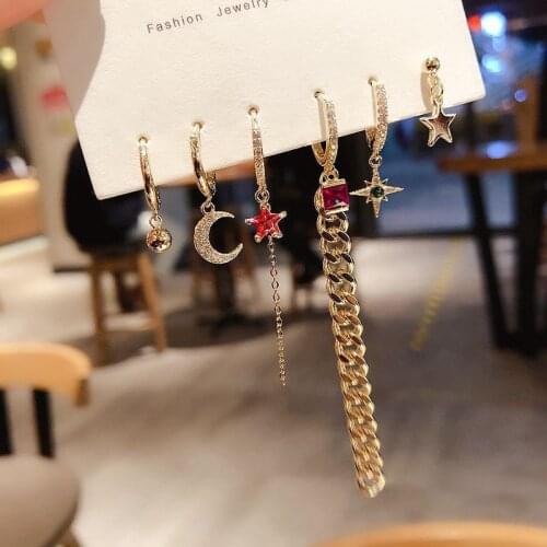 Exaggerated Lock Chain Moon Star Hoop Earrings Set Shiny Micro Pave Zircon Earring 6-piece Set for Women S-E1200