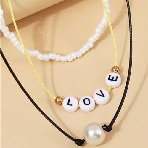 Fashion Vintage Boho Choker Black Rope English Alphabet Faux Pearl Beads Chain Collar Necklace For Women Multilevel Jewelry Gift