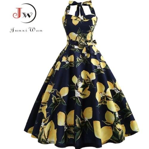 Halter Dress Summer Women Sleeveless Floral Print Belt robe femme Elegant Vintage Dresses Retro Rockabilly Prom Party Dress