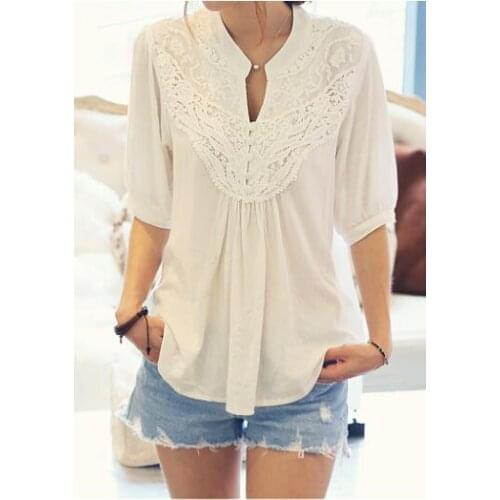 Latest Attractive Half Sleeve Shirt Sexy Lace Lady Tops Fashion Lace Splicing Flower Casual Blouse For Women
