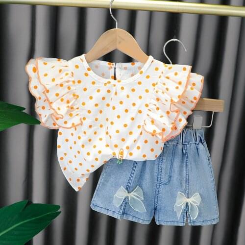 Summer newborn baby girl clothes outfit sets polka dot shirt bow denim shorts suit for 1 year baby birthday girls clothing sets