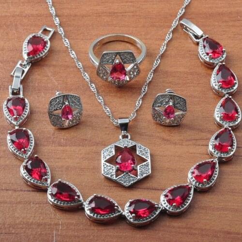 Silver Color Bridal jewelry Set Red Crystal Jewelry For Women Earrings Necklace Ring Bracelet Lady Gift JS0649