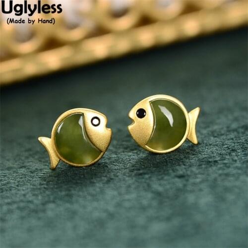 Uglyless Kissing Fishes Studs Earrings Women Creative Novel Animals Earrings Natural Jade Brincos Gold 925 Silver Gifts Jewelry