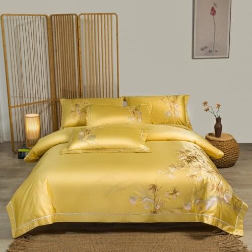 High Quality Washed Silk Cotton Home Textiles Bamboo Embroidery Bedding Set Satin Duvet Cover Bedspuard Sheet Linen Pillowcas