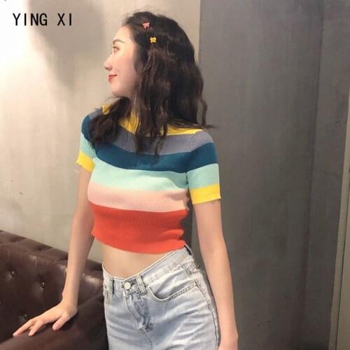 YING XI 2020 Spring And Summer Color Striped O-neck Short Sleeves Elastic Force Pullovers Women T-shirt Knit Top