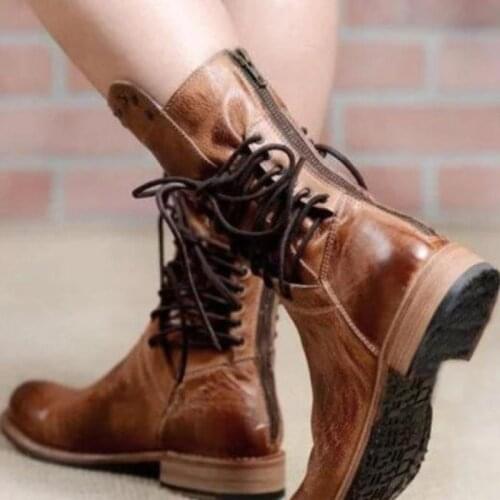 New Retro Woman Shoes Pu Leather Winter Boots Women Fashion Vintage Rivets Round Toe Lace-Up Mid-calf Zipper Boots 43