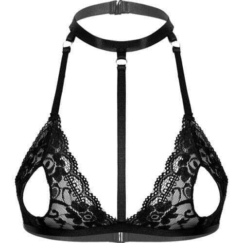 Women Floral Lace See-through Sexy Bra Tops Ladies Halter Neck Strappy Cutout Brassiere Transparent Hole Erotic Lingerie Costume