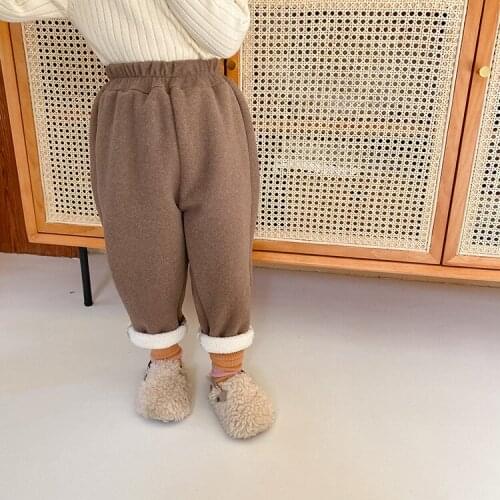 2021 Winter Children warm thick woolen casual trousers Boys and girls fleece inside solid color pants korean style