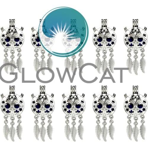 10x K718 Metal Dreamcatcher Owl Face Leaves Beads Cage Locket Pendant Essential Oil Aromatherapy Pearl Cage Jewelry Making