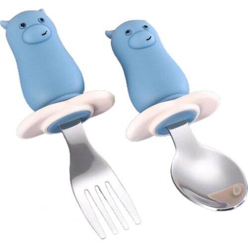 2Pcs/Set Baby Spoon Fork Bear Hippo Round Shape Heat-Resistant Food Grade Material Children Feeding Kitchen Utensil for Home
