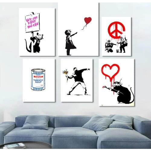 Banksy Abstract Black White Graffiti Canvas Painting Wall Art Pictures Prints and Posters Cafe Living Room Decoration