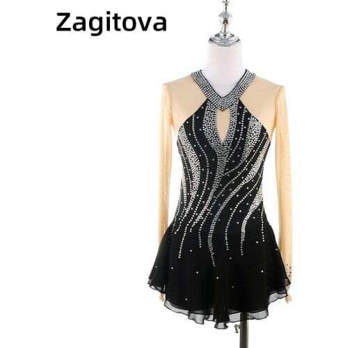 Black Figure Skating Dress For Girls Long Sleeves For Children And Girls Figure Skating Show Dress With Shining Rhinestones