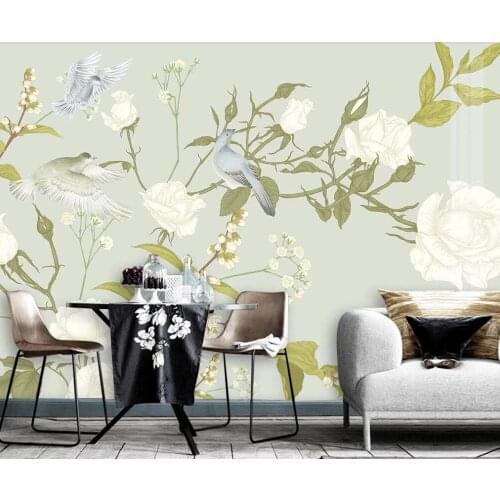 Customized large-scale 3D mural wallpaper Nordic hand-painted small refreshing medieval tropical plants and birds background mur