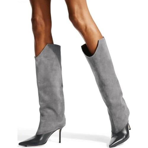 Fashion Woman Grey Black Patchwork Fold Pointed Toe Knee High Boots Lady U Shape 8 cm Thin Heels Slip On Tube Long Boots Shoes