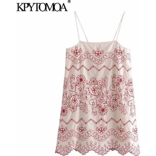 KPYTOMOA Women 2021 Fashion With Lining Floral Embroidery Mini Dress Vintage Backless Tied Thin Straps Female Dresses Vestidos