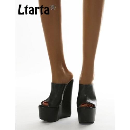 LTARTA Summer Fashion Thick-soled 18Cm Wedge Sandals Black Shallow Mouth Fish Mouth Large Size Womens Shoes ZL