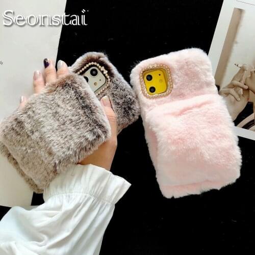 Fashion Warm Cute Fluffy Wristband With Diamond iPhone Case For iPhone X XS Max XR 8 7 6 6s Plus Plush Fur Soft Silicon Cover