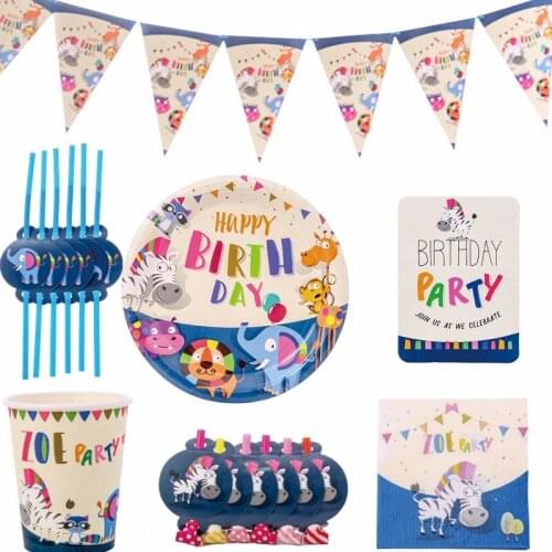 Animal Series Disposable Tableware Set Cartoon Lion Elephant Giraffe Zebra Monkey Birthday Party Decor Supplies