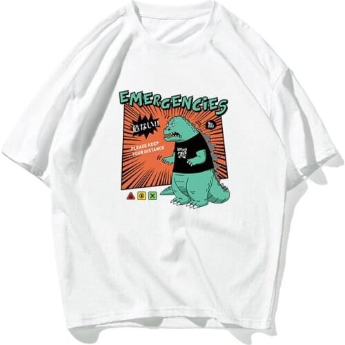 New Fashion Trend Japanese Retro Pure Cotton Short-sleeved T-shirt Dinosaur Print Loose Oversize Couple Outfit Wild Round Neck