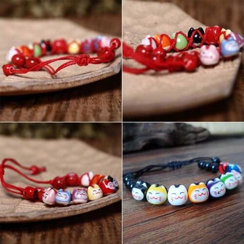 New arrive 1 piece Handmade Cute Ceramic Lucky Cat Charm Beaded Bracelet Fortune Wish Men Women Bracelet