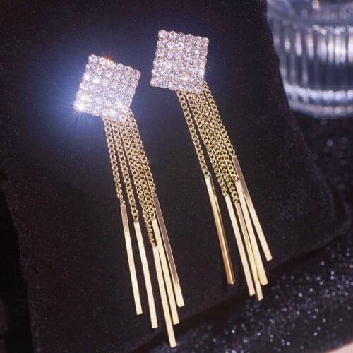 New Shiny Rhinestone Crystal Drop Dangle Earrings for Women Bijoux Geometric Square Long Tassel Earrings Weddings Bride Jewelry