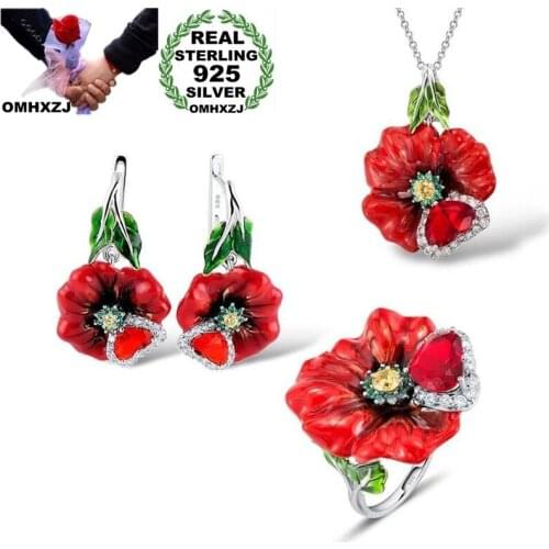 OMHXZJ Wholesale JE27 Fashion Woman Party Birthday Wedding Gift Flower 925 Sterling Silver Necklace+Earrings+Ring Jewelry Set