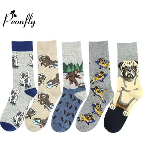 Peonfly Cute Funny Happy Men Cartoon Cat Dog Monkey Pattern Sokken Crew Cotton Casual Harajuku Design Art Fashion Socks