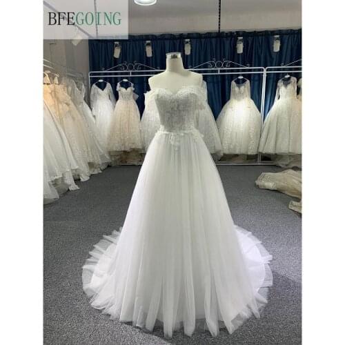 Ivory Lace Tulle Beading Off The Shoulder Floor-Length A-Line Wedding Dresses Chapel Tran Sweetheart Bridal Gowns Custom Made