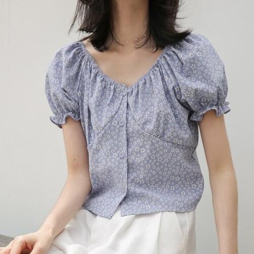 Casual Spring Summer Floral Print Chiffon Blouse Women Ruffle Sleeves V-neck Blouses Holiday Style Lady Short Shirt Tops