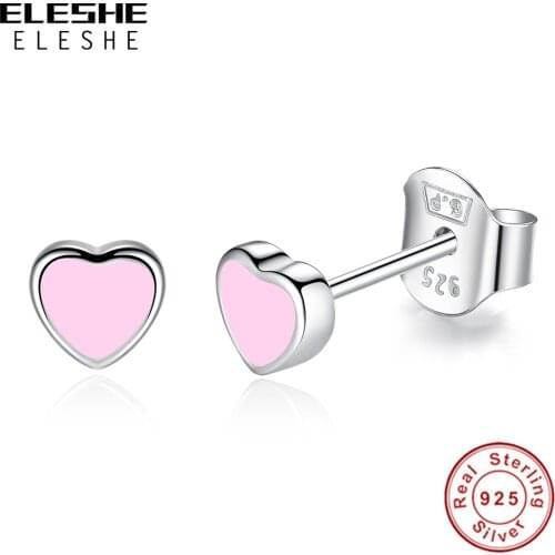 ELESHE 925 Sterling Silver Cute Small Pink and Blue Enamel Heart Stud Earrings For Women Girls Children Baby Kids Fine Jewelry
