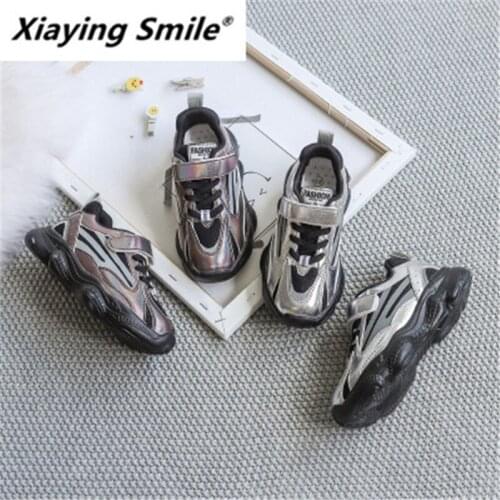 Xiaying version of leisure laser sports shoes for boys and girls in autumn new mesh breathable magic sticker sports shoes tide