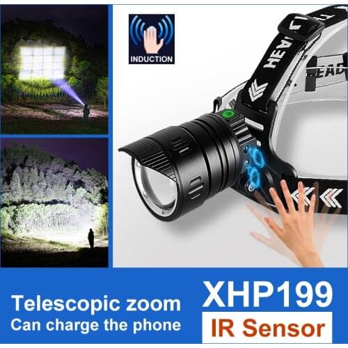 Super XHP199 IR Sensor Powerful Headlamp High Power LED Headlight 18650 Usb Rechargeable Head Flashlight Zoom Fishing Head Torch