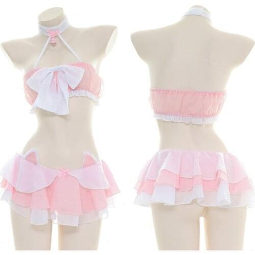 Super Cute Lolita Pink Chiffon Bow Cat Bell Lingerie Maid Uniform Sexy Sweet Girl Halter Neck Tube Underwear Tops With Skirt