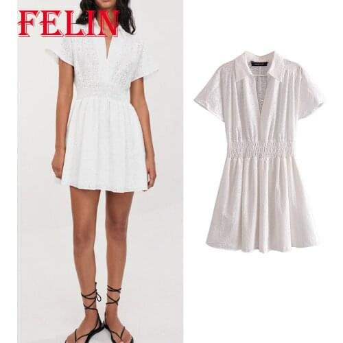 Women Casual Chic White V Neck Mini Shirt Dress Za 2021 Hollow Out Ruffles Elastic Short Sleeve Dress Elegant Stylish Vestidos
